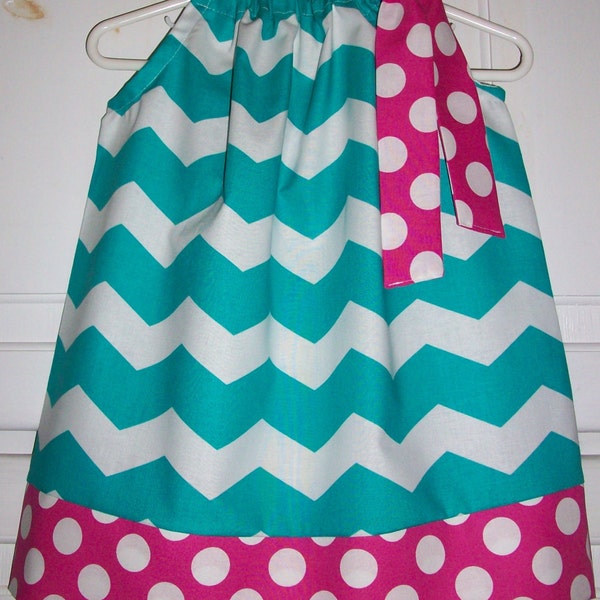Pillowcase Dress, Chevron Dress, Girls Dresses, Girls Clothing Baby Dress Kids Clothes Turquoise and Hot Pink Spring Dresses Easter Dresses