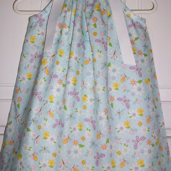 SALE Pillowcase Dress BUTTERFLIES and Daisies Blue Floral Spring Easter 3m 6m 12m