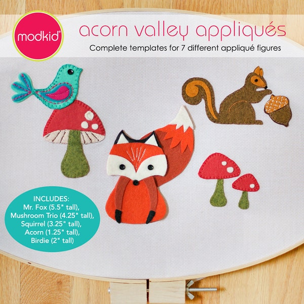 Acorn Valley Appliqué Templates Fox, Squirrel, Acorn, Mushroom, Bird PDF Downloadable Pattern by MODKID - Instant Download