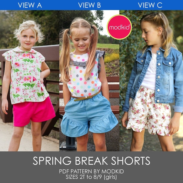 Spring Break Shorts PDF Downloadable Pattern by MODKID... sizes 2T to 9 Girls included - Instant Download