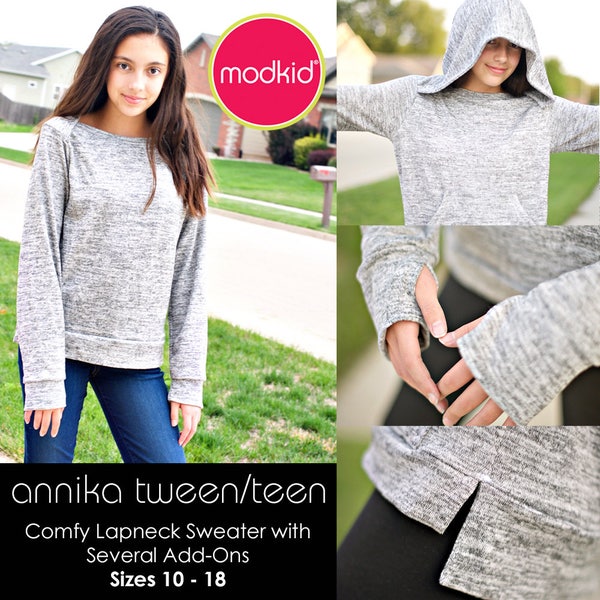 Annika Tween/Teen Lapneck Sweater PDF Downloadable Pattern by MODKID... sizes 10 to 18 Juniors included - Instant Download