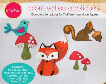 Acorn Valley Appliqué Templates Fox, Squirrel, Acorn, Mushroom, Bird PDF Downloadable Pattern by MODKID - Instant Download