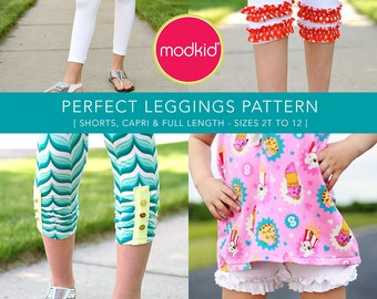 Perfect Leggings - Full Length, Capri, Shorts, Ruffled, Ruched - PDF Pattern by MODKID... sizes 2T to 12 Girls included - Instant Download