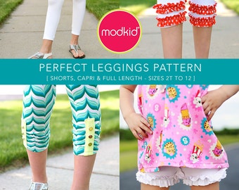 Perfect Leggings - Full Length, Capri, Shorts, Ruffled, Ruched - PDF Pattern by MODKID... sizes 2T to 12 Girls included - Instant Download