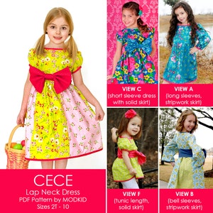 May include: A sewing pattern for a girl's lap neck dress with four different views: short sleeve with solid skirt, long sleeve with stripwork skirt, tunic length with solid skirt, and bell sleeves with stripwork skirt. The pattern is called "CECE" and is by MODKID. Sizes 2T - 10.