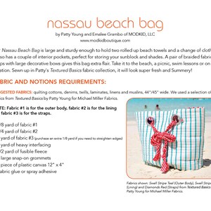 May include: A teal and white striped beach bag with red fabric straps and a red bow. The bag is made from quilting cotton and is perfect for carrying beach essentials. "Swell Stripe Teal (Outer Body), Swell Stripe Red (Lining) and Diamonds Red (Straps) from Textured Basics by Patty Young for Michael Miller Fabrics."