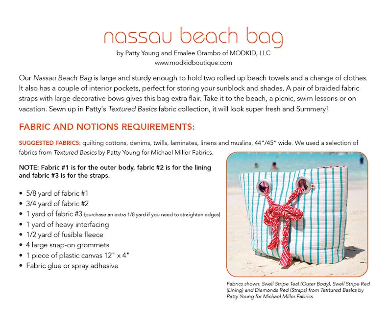 May include: A teal and white striped beach bag with red fabric straps and a red bow. The bag is made from quilting cotton and is perfect for carrying beach essentials. "Swell Stripe Teal (Outer Body), Swell Stripe Red (Lining) and Diamonds Red (Straps) from Textured Basics by Patty Young for Michael Miller Fabrics."