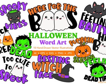 Halloween Word Art Clipart SVG JPG PNG Bundle – Illustration Cut Files (Instant Download)