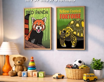 Lot de 2 oeuvres d'art murales animaux sauvages : lot de 2 impressions détaillées, affiches et cartes postales de panda roux et de tortue à pattes jaunes (téléchargement numérique)