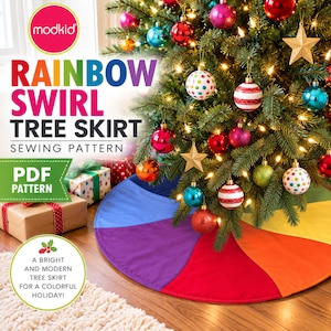 Può includere: Una gonna per albero circolare con un motivo arcobaleno a segmenti blu, viola, rossi, arancioni e gialli. Il testo recita RAINBOW SWIRL TREE SKIRT SEWING PATTERN PDF PATTERN e A BRIGHT AND MODERN TREE SKIRT FOR A COLORFUL HOLIDAY.