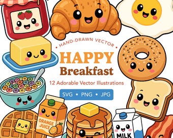 Happy Breakfast Clipart SVG JPG PNG Bundle – Illustration Cut Files (Instant Download)