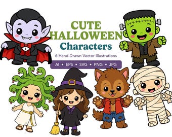 Cute Halloween Characters Clipart SVG JPG PNG Bundle – Illustration Cut Files (Instant Download)
