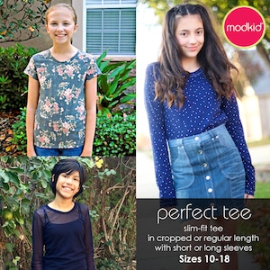 May include: Image features three girls modeling different styles of "perfect tee" shirts. One girl wears a floral print tee, another a navy blue polka dot long-sleeve shirt, and the third a black mesh top. Text on the image reads "perfect tee" and "Sizes 10-18."