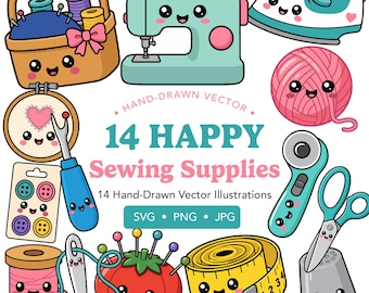 Happy Sewing Crafting Supplies Clipart SVG JPG PNG Bundle – Illustration Cut Files (Instant Download)