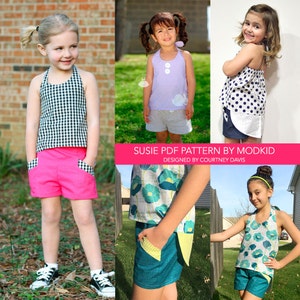 May include: Four girls are wearing different versions of the Susie PDF pattern by Modkid, designed by Courtney Davis. The pattern features a halter top and shorts with pockets. The girls are wearing the pattern in different colors and fabrics, including black and white gingham, purple, blue and white polka dots, and floral print.