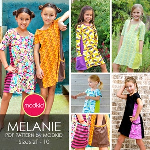 May include: A collage of photos showing girls wearing different versions of the "Melanie" dress pattern by Modkid. The dress has a side panel and a pocket. The pattern is available in sizes 2T-10.