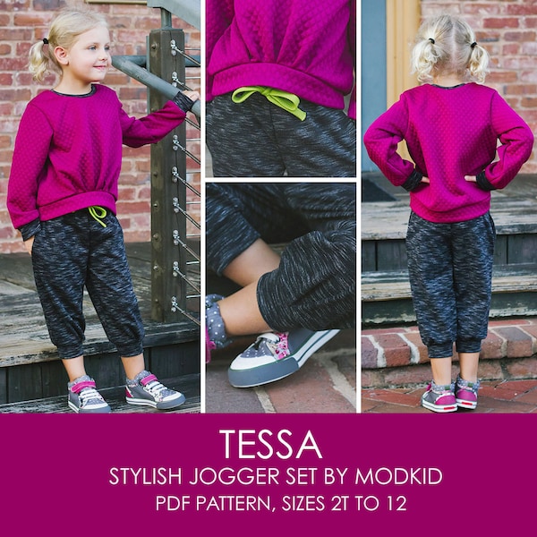 Tessa Stylish Jogger Set PDF Downloadable Pattern by MODKID... sizes 2T to 12 Girls included - Instant Download