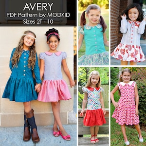 May include: A collage of images showcasing children's dresses. The dresses feature a variety of colors and patterns, including blue, pink, and floral prints. The dresses have Peter Pan collars and flared skirts. The text "AVERY PDF Pattern by MODKID Sizes 2T - 10" is visible.