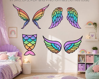 Ailes de conte de fées et queue de sirène SVG EPS PNG - Clipart arc-en-ciel, fichiers de coupe fantaisie (téléchargement instantané)