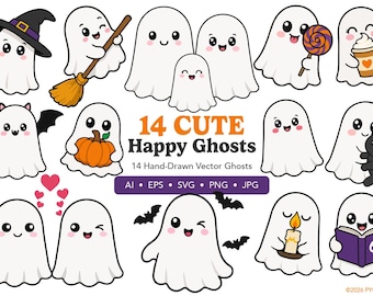 Happy Ghosts Clipart SVG JPG PNG Bundle – Illustration Cut Files (Instant Download)