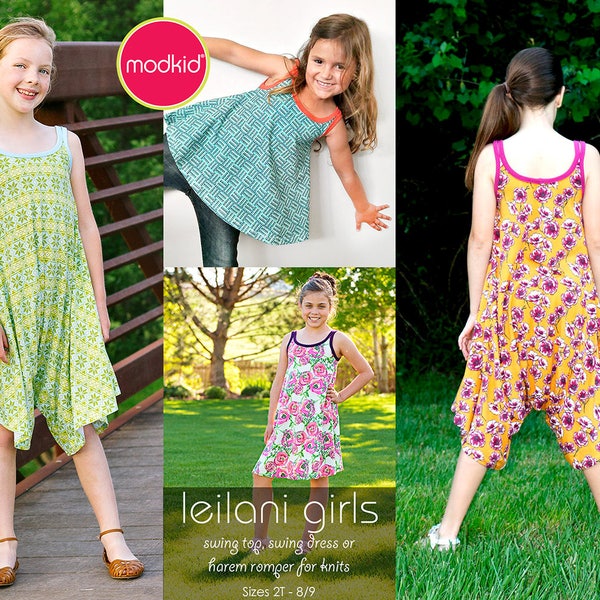 Leilani Girls Swing Top, Swing Dress, Harem Romper PDF Downloadable Pattern by MODKID... sizes 2T to 8/9 Girls included - Instant Download