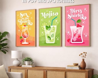 Bundle d'art mural cocktail rétro : lot de 3 impressions de boissons colorées, affiches et cartes postales du milieu du siècle (téléchargement numérique)