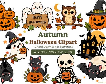Autumn Halloween Clipart SVG JPG PNG Bundle – Illustration Cut Files (Instant Download)