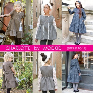 Puede incluir: Una colección de cuatro vestidos para niñas en varios estilos y colores. Los vestidos están hechos de una tela suave y cómoda y presentan una variedad de detalles, como volantes, encaje y botones. Los vestidos están disponibles en tallas 2T a 12. El texto "CHARLOTTE by MODKID (SIZES 2T TO 12)" se muestra en la parte inferior de la imagen.