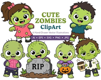 Cute Zombies Halloween Clipart SVG JPG PNG Bundle – Illustration Cut Files (Instant Download)