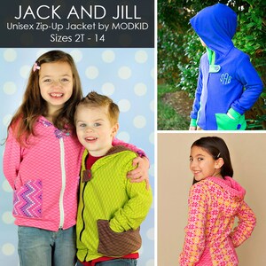 May include: Two children wearing colourful zip-up jackets with hoods. The girl is wearing a pink jacket with a purple and white patterned pocket. The boy is wearing a green jacket with a brown pocket. The text "JACK AND JILL Unisex Zip-Up Jacket by MODKID Sizes 2T - 14" is at the top of the image.