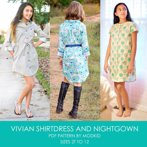 Vivian Shirtdress and Nightgown PDF Downloadable Pattern by MODKID... sizes 2T to 12 Girls included - Instant Download