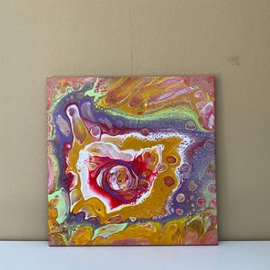 Acrylic painting by pouring - joyful acrylic colors - artwork on canvas as decoration for home - unique art - DIY gift idea - 15.7x15.7in