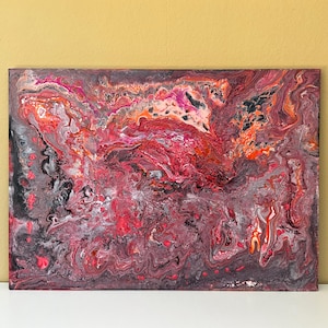 Red volcano of acrylic as an eye-catcher for the wall - DIY wall deco - pouring with acrylic paints - abstract canvas painting - 27.5x19.6in