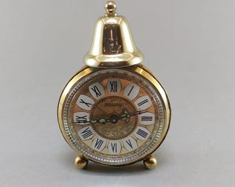 Vintage German Blessing Alarm Clock, Mini Brass Desk Clock