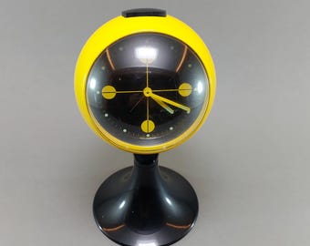 Vintage 1970s Space Age Alarm Clock, Yellow Orb, Retro Bedside Clock