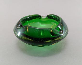 Vintage Green Art Glass Ashtray, Heavy Mid Century Murano Style Table Decor