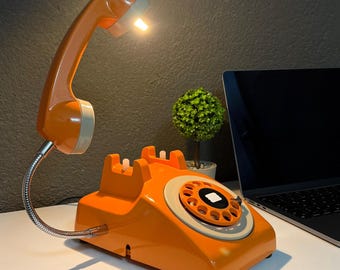 Orange Rotary Phone Lamp, Upcycled Vintage Telephone Desk Light