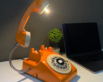 Orange Rotary Telephone Desk Lamp, Upcycled Vintage Phone Light