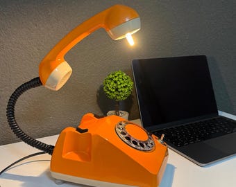 Upcycled Orange Rotary Telephone Lamp, Vintage Desk Light