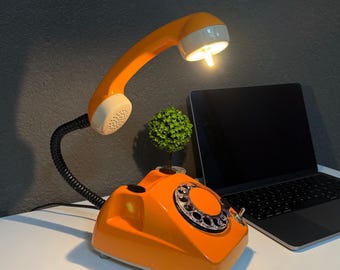 Upcycled Orange Rotary Telephone Lamp, Vintage Desk Light, Unique Design