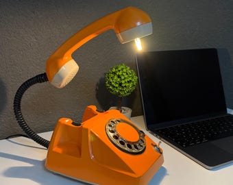 Orange Rotary Telephone Desk Lamp, Upcycled Vintage Phone Light