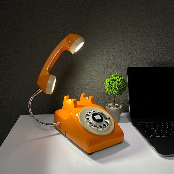 Upcycled Rotary Phone Lamp: Vintage Orange Desk Light, Retro Decor, Telephone Lamp