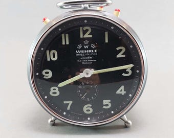 Orologio sveglia meccanico tedesco d'epoca Wehrle: orologio da tavolo di metà secolo