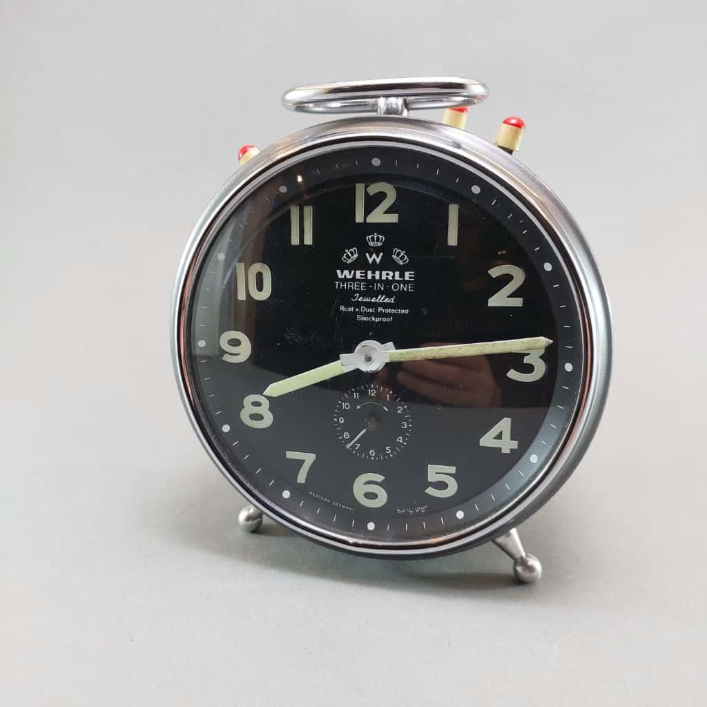 Wehrle Vintage German Mechanical Alarm Clock: Mid Century Table