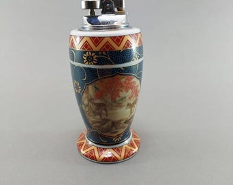 Vintage Japan Porcelain Table Lighter, Mid Century Decorative Ceramic Lighter, Deer Scene Pedestal Lighter, Collectible Desk Decor