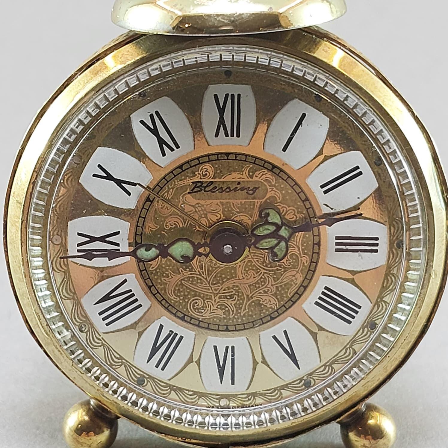 Vintage German Blessing Alarm Clock, Mini Brass Desk Clock