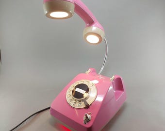 Vintage Pink Rotary Telephone Lamp, 1970s Retro Desk Light, Space Age Decor