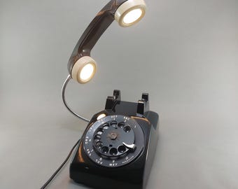 Vintage Black Rotary Telephone Lamp, 1960s Desk Light, Double LED, Mid-Century Decor