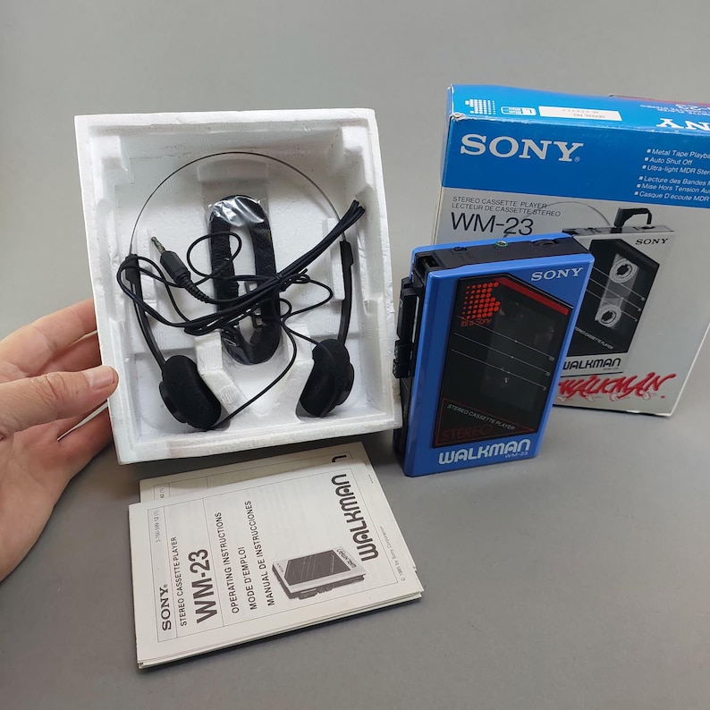 1980s Sony Walkman WM-23 Cassette Player, Blue, Boxed, Original Headphones, Manuals image 8