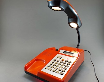 Upcycled Telephone Lamp, Orange Retro Desk Light, Vintage Phone Decor, Gooseneck LED Task Lamp